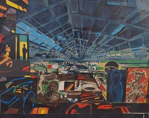 John Hultberg, In The Roofed City, 1981, acrylic on board, 30" x 36"