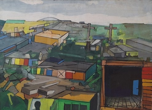 John Hultberg, Three Crosses, 1981, acrylic on board, 27" x 35"